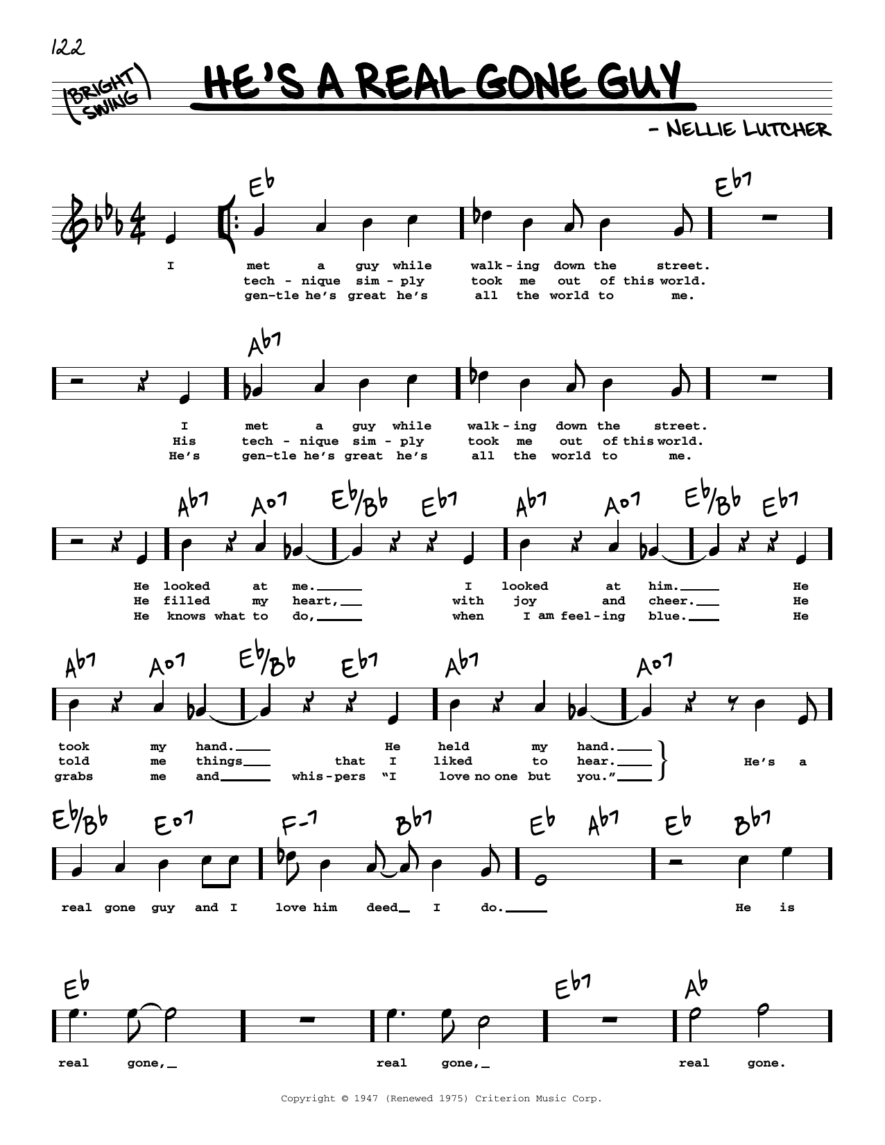 Nellie Lutcher He's A Real Gone Guy (High Voice) Sheet Music Notes & Chords for Real Book – Melody, Lyrics & Chords - Download or Print PDF