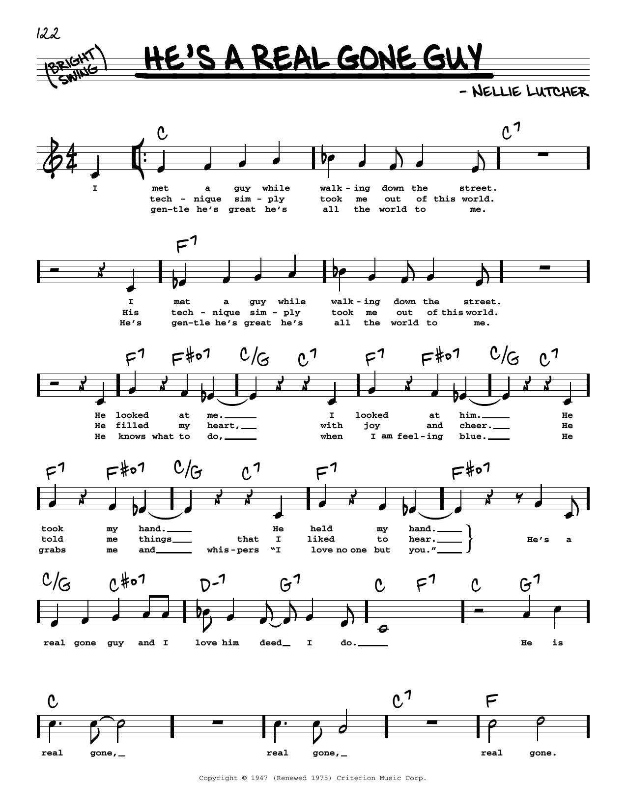 Nellie Lutcher He's A Real Gone Guy (Low Voice) Sheet Music Notes & Chords for Real Book – Melody, Lyrics & Chords - Download or Print PDF Nellie Lutcher He's A Real Gone Guy (Low Voice) Sheet Music Notes & Chords for Real Book – Melody, Lyrics & Chords - Download or Print PDF