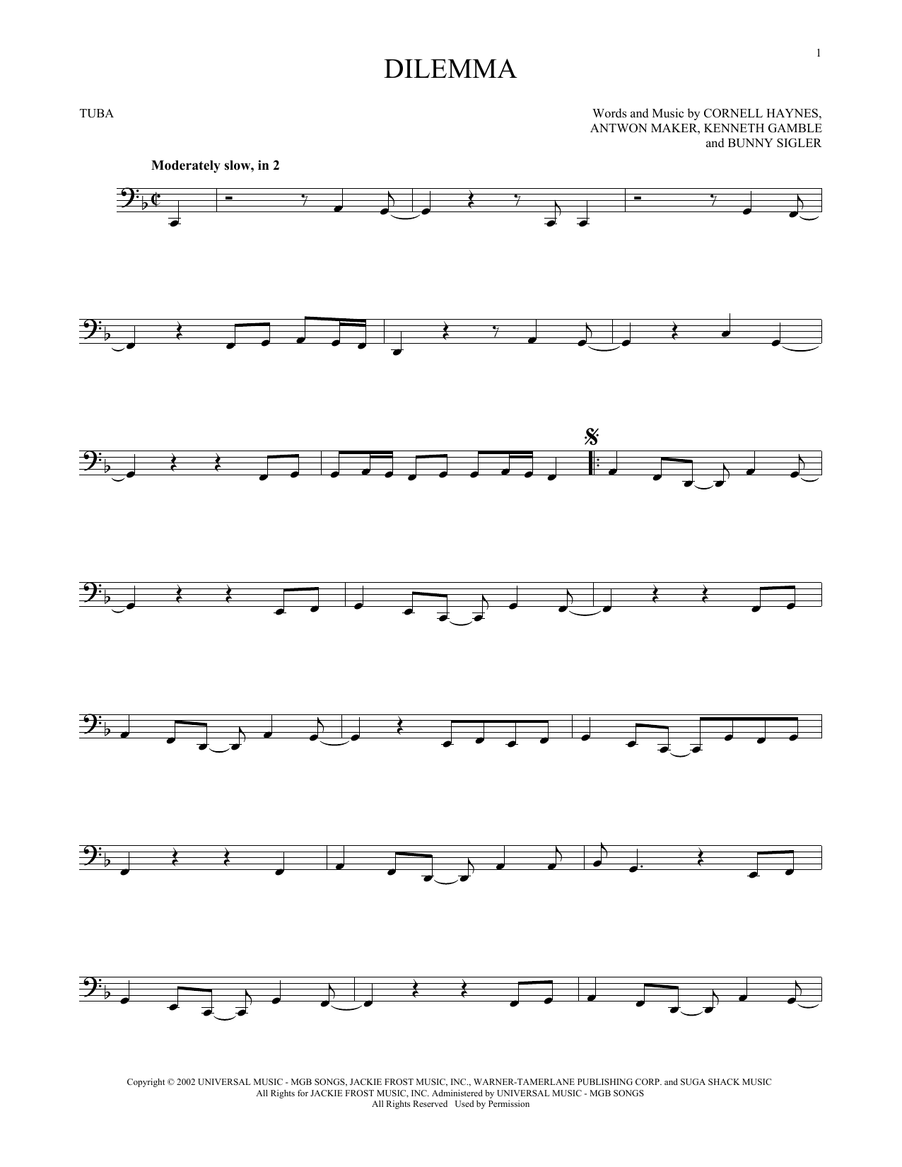Nelly Dilemma (feat. Kelly Rowland) Sheet Music Notes & Chords for Tuba Solo - Download or Print PDF