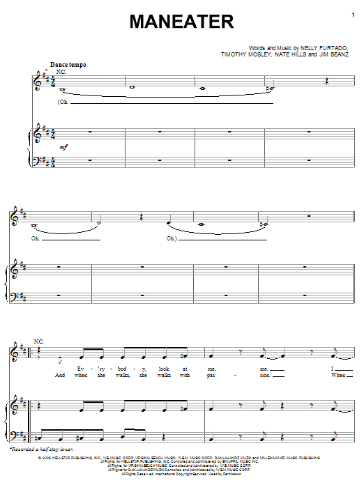 Nelly Furtado Maneater Sheet Music Notes & Chords for Piano, Vocal & Guitar (Right-Hand Melody) - Download or Print PDF