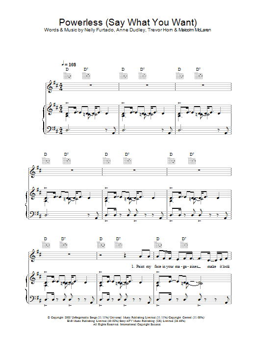 Nelly Furtado Powerless (Say What You Want) Sheet Music Notes & Chords for Piano, Vocal & Guitar - Download or Print PDF