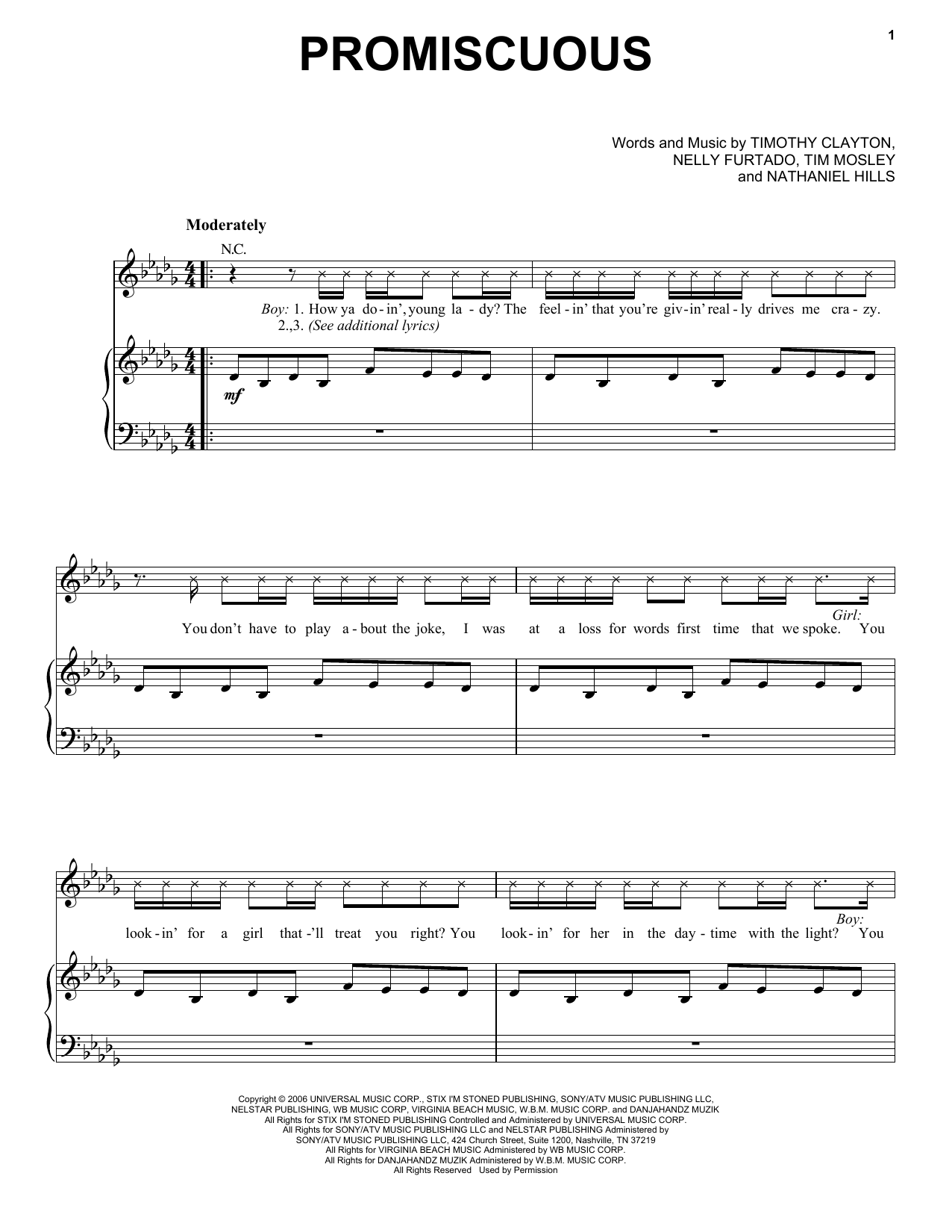Nelly Furtado Promiscuous Sheet Music Notes & Chords for Piano, Vocal & Guitar (Right-Hand Melody) - Download or Print PDF