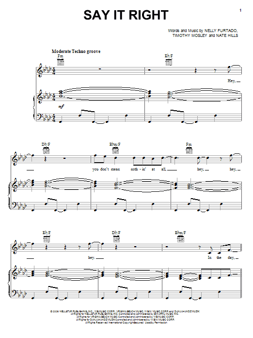 Nelly Furtado Say It Right Sheet Music Notes & Chords for Piano, Vocal & Guitar (Right-Hand Melody) - Download or Print PDF