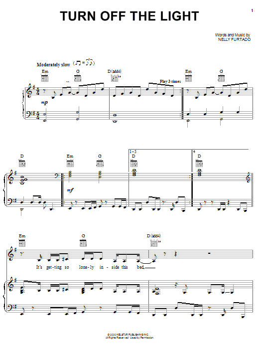 Nelly Furtado Turn Off The Light Sheet Music Notes & Chords for Piano, Vocal & Guitar (Right-Hand Melody) - Download or Print PDF