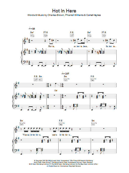 Nelly Hot In Here Sheet Music Notes & Chords for Piano, Vocal & Guitar (Right-Hand Melody) - Download or Print PDF