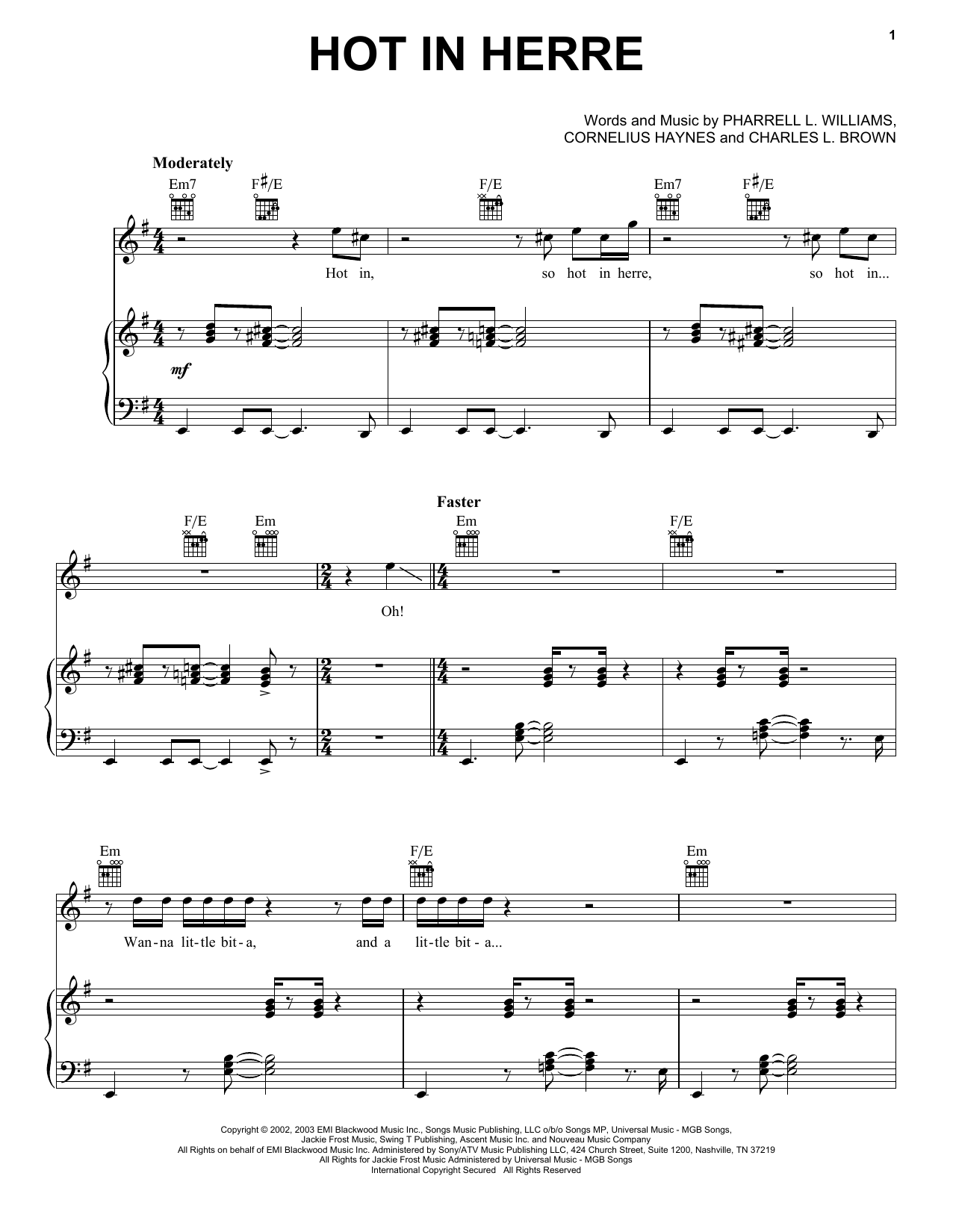 Nelly Hot In Herre Sheet Music Notes & Chords for Piano, Vocal & Guitar (Right-Hand Melody) - Download or Print PDF