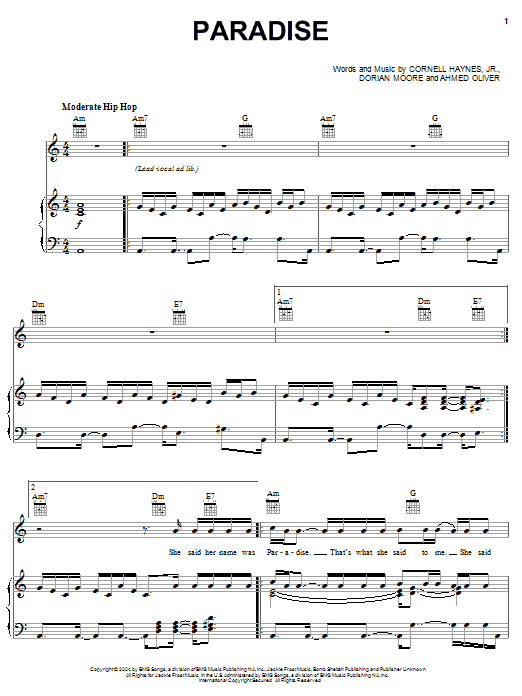 Nelly Paradise Sheet Music Notes & Chords for Piano, Vocal & Guitar (Right-Hand Melody) - Download or Print PDF