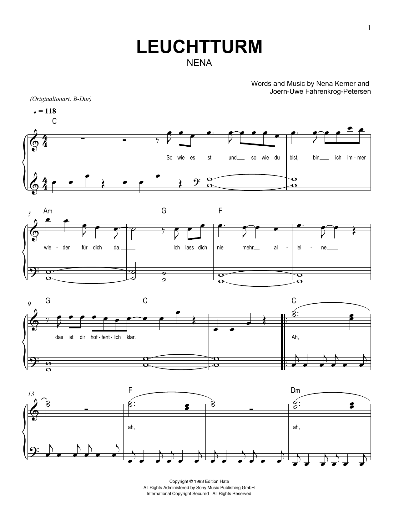 Nena Leuchtturm Sheet Music Notes & Chords for Easy Piano - Download or Print PDF