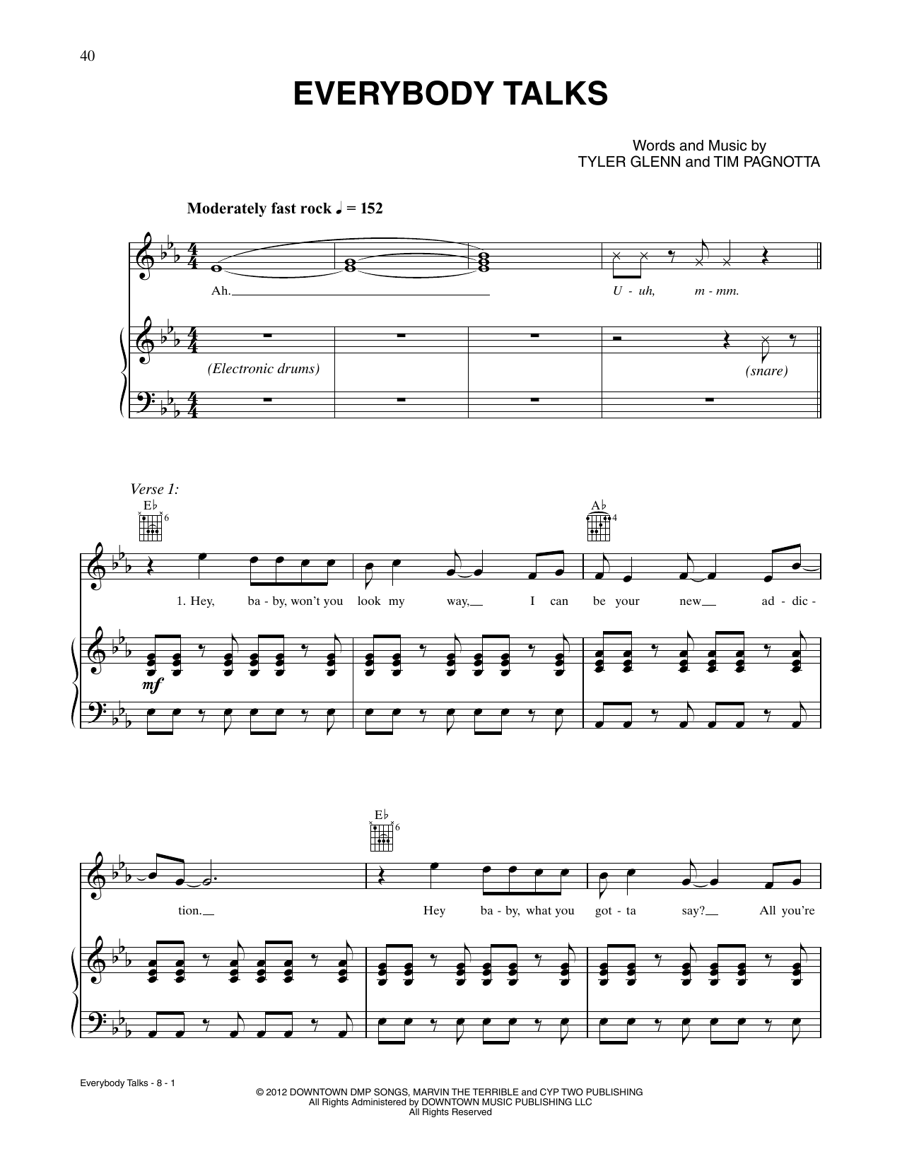 Neon Trees Everybody Talks Sheet Music Notes & Chords for Piano, Vocal & Guitar Chords (Right-Hand Melody) - Download or Print PDF