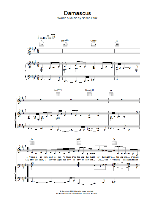 Nerina Pallot Damascus Sheet Music Notes & Chords for Piano, Vocal & Guitar - Download or Print PDF