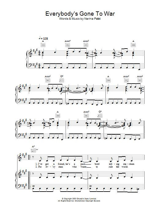 Nerina Pallot Everybody's Gone To War Sheet Music Notes & Chords for Piano, Vocal & Guitar (Right-Hand Melody) - Download or Print PDF