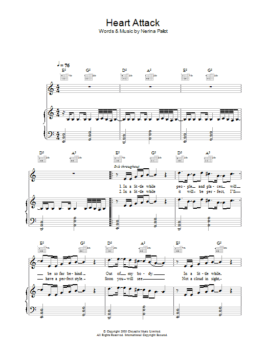 Nerina Pallot Heart Attack Sheet Music Notes & Chords for Piano, Vocal & Guitar - Download or Print PDF