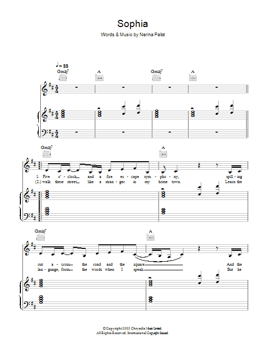 Nerina Pallot Sophia Sheet Music Notes & Chords for Piano, Vocal & Guitar - Download or Print PDF