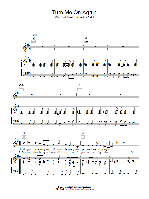 Nerina Pallot Turn Me On Again Sheet Music Notes & Chords for Piano, Vocal & Guitar (Right-Hand Melody) - Download or Print PDF