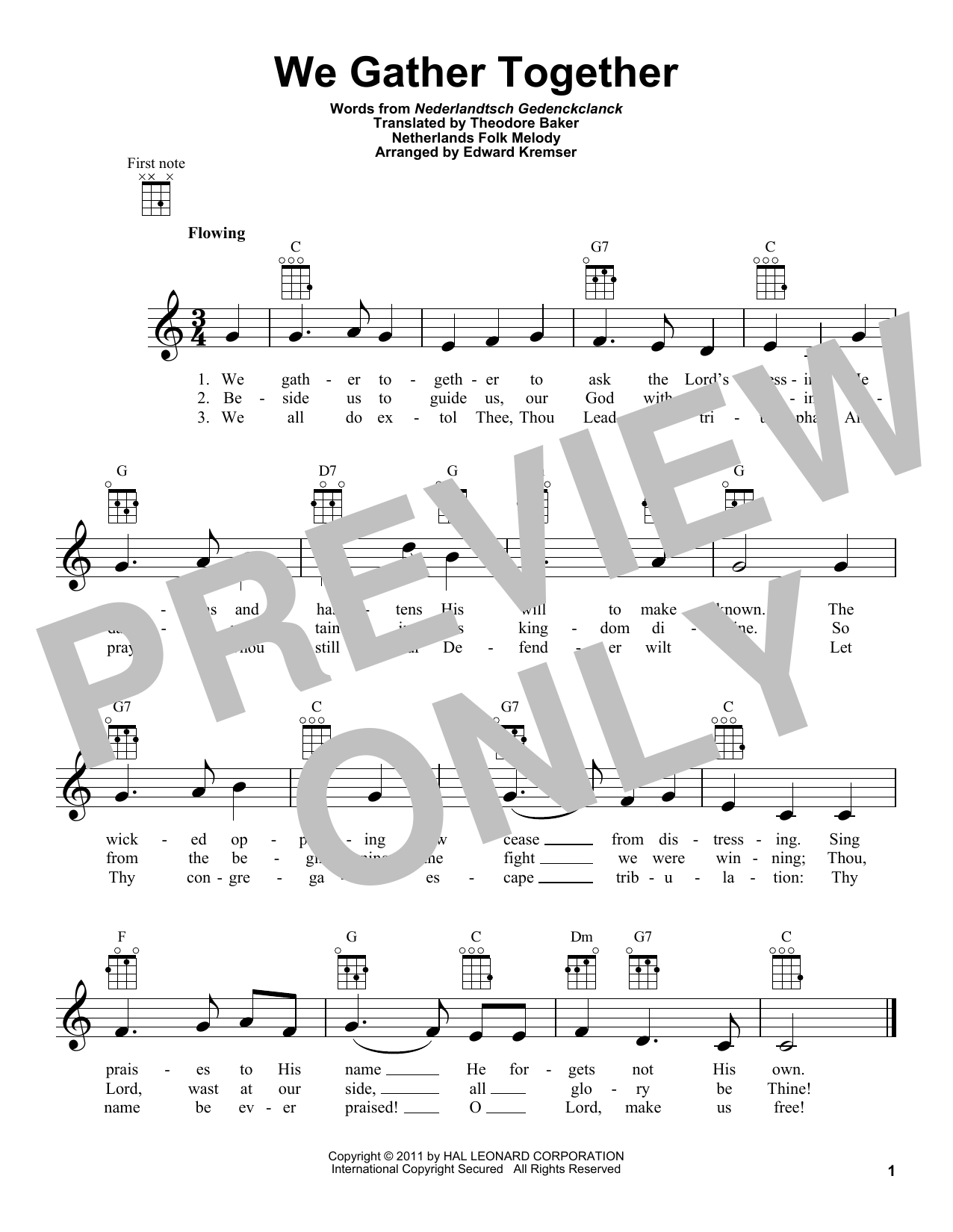 Netherlands Folk Hymn We Gather Together (arr. Eduard Kremser) Sheet Music Notes & Chords for Ukulele - Download or Print PDF