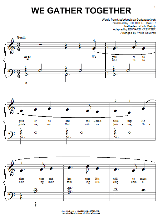 Nederlandtsch Gedenckclanck We Gather Together Sheet Music Notes & Chords for Piano (Big Notes) - Download or Print PDF