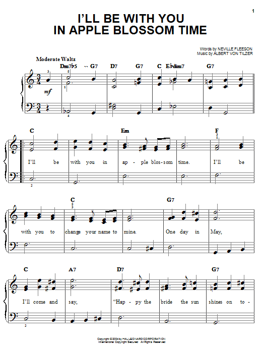 Albert Von Tilzer I'll Be With You In Apple Blossom Time Sheet Music Notes & Chords for Piano, Vocal & Guitar (Right-Hand Melody) - Download or Print PDF