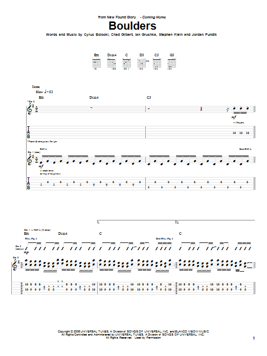 New Found Glory Boulders Sheet Music Notes & Chords for Guitar Tab - Download or Print PDF