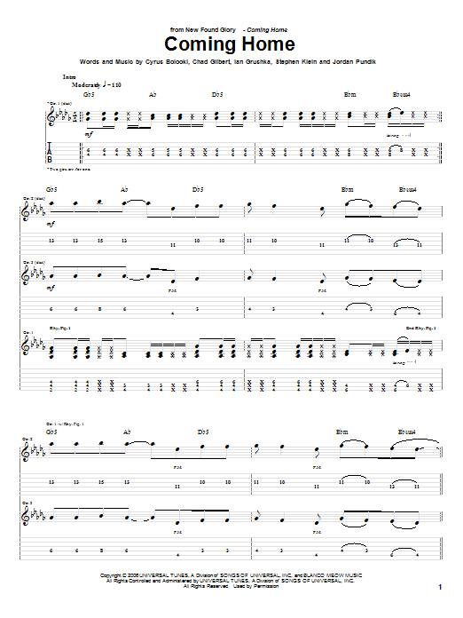 New Found Glory Coming Home Sheet Music Notes & Chords for Guitar Tab - Download or Print PDF