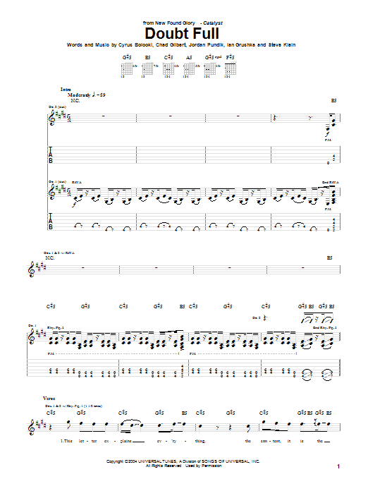 New Found Glory Doubt Full Sheet Music Notes & Chords for Guitar Tab - Download or Print PDF