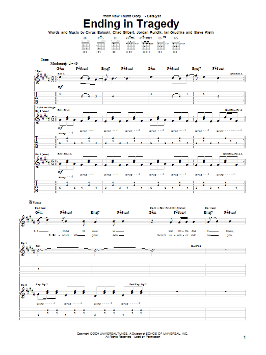 New Found Glory Ending In Tragedy Sheet Music Notes & Chords for Guitar Tab - Download or Print PDF