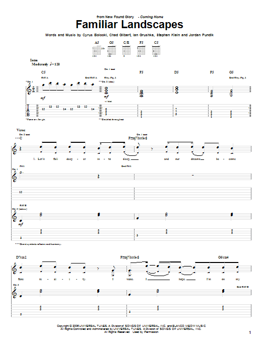 New Found Glory Familiar Landscapes Sheet Music Notes & Chords for Guitar Tab - Download or Print PDF