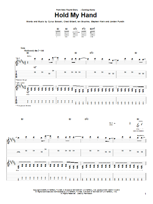 New Found Glory Hold My Hand Sheet Music Notes & Chords for Guitar Tab - Download or Print PDF