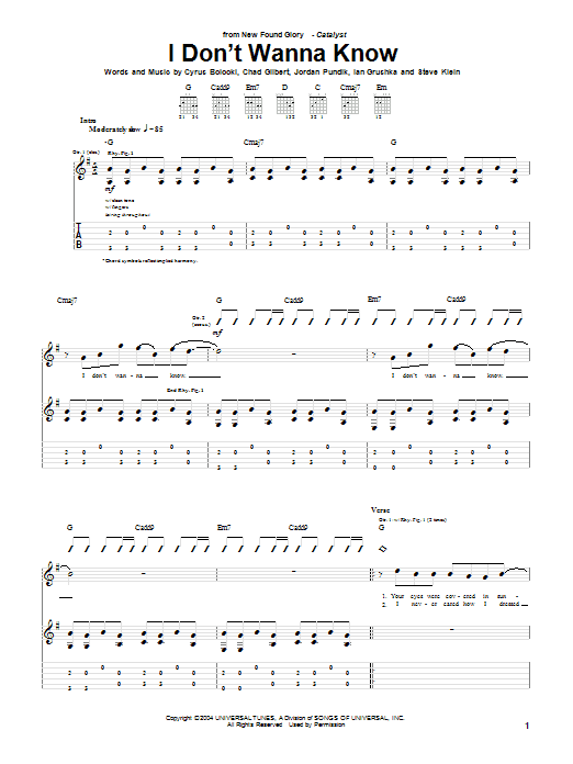 New Found Glory I Don't Wanna Know Sheet Music Notes & Chords for Guitar Tab - Download or Print PDF