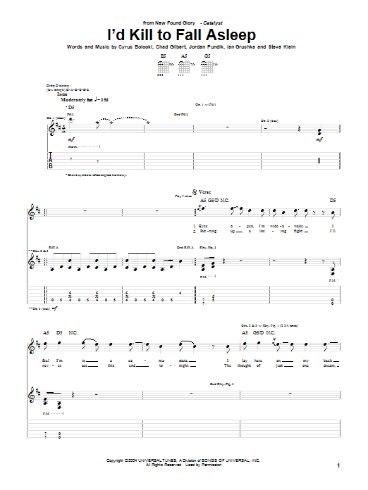 New Found Glory I'd Kill To Fall Asleep Sheet Music Notes & Chords for Guitar Tab - Download or Print PDF
