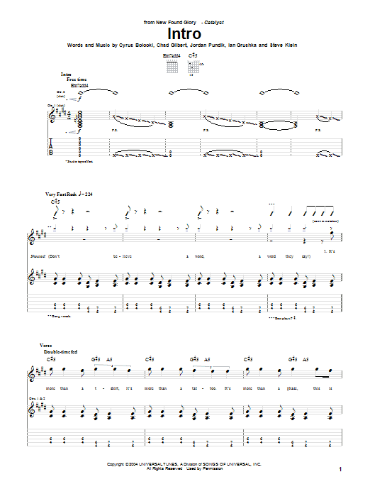 New Found Glory Intro Sheet Music Notes & Chords for Guitar Tab - Download or Print PDF