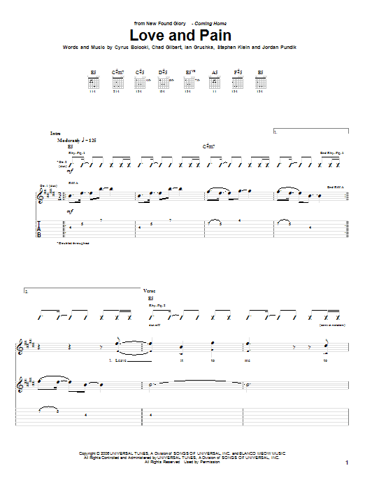 New Found Glory Love And Pain Sheet Music Notes & Chords for Guitar Tab - Download or Print PDF