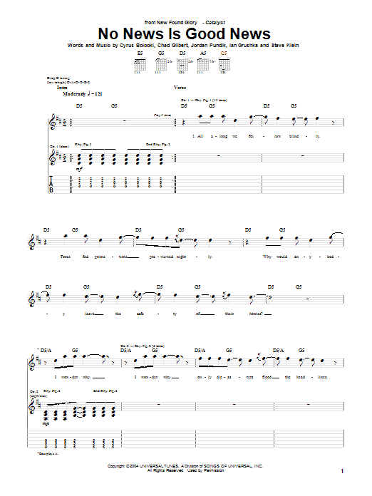 New Found Glory No News Is Good News Sheet Music Notes & Chords for Guitar Tab - Download or Print PDF