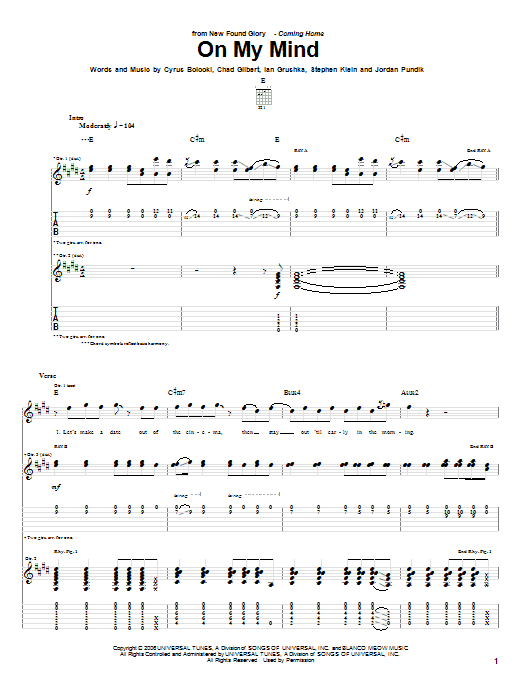 New Found Glory On My Mind Sheet Music Notes & Chords for Guitar Tab - Download or Print PDF