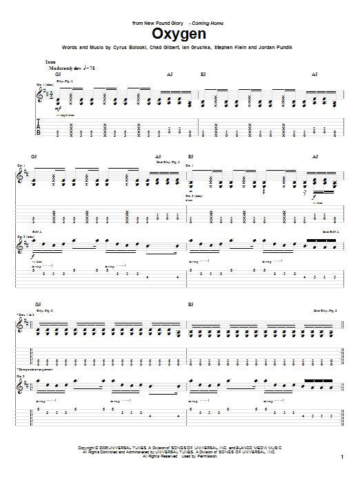 New Found Glory Oxygen Sheet Music Notes & Chords for Guitar Tab - Download or Print PDF