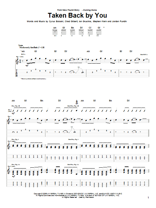New Found Glory Taken Back By You Sheet Music Notes & Chords for Guitar Tab - Download or Print PDF
