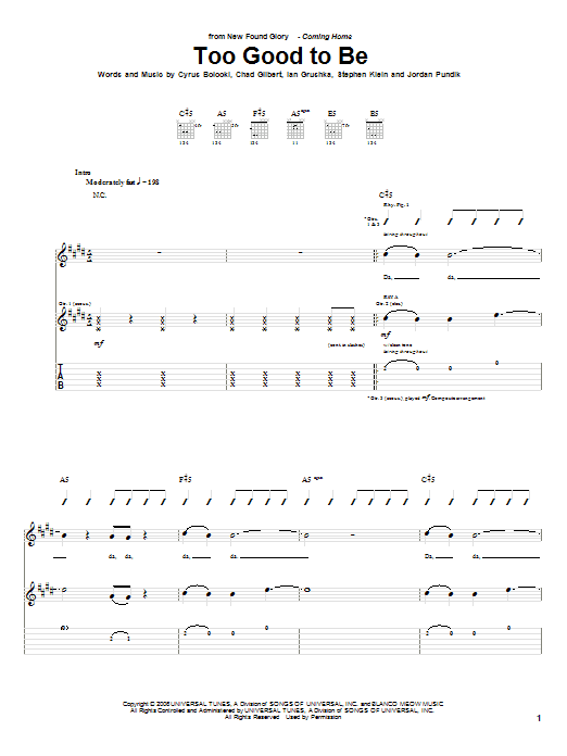 New Found Glory Too Good To Be Sheet Music Notes & Chords for Guitar Tab - Download or Print PDF