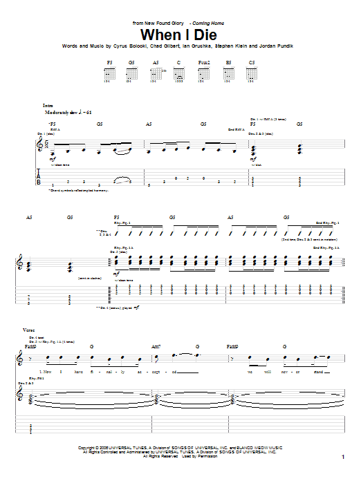 New Found Glory When I Die Sheet Music Notes & Chords for Guitar Tab - Download or Print PDF