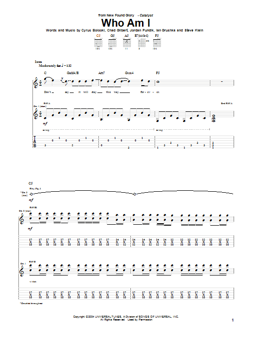 New Found Glory Who Am I Sheet Music Notes & Chords for Guitar Tab - Download or Print PDF