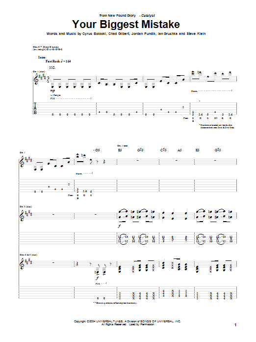 New Found Glory Your Biggest Mistake Sheet Music Notes & Chords for Guitar Tab - Download or Print PDF