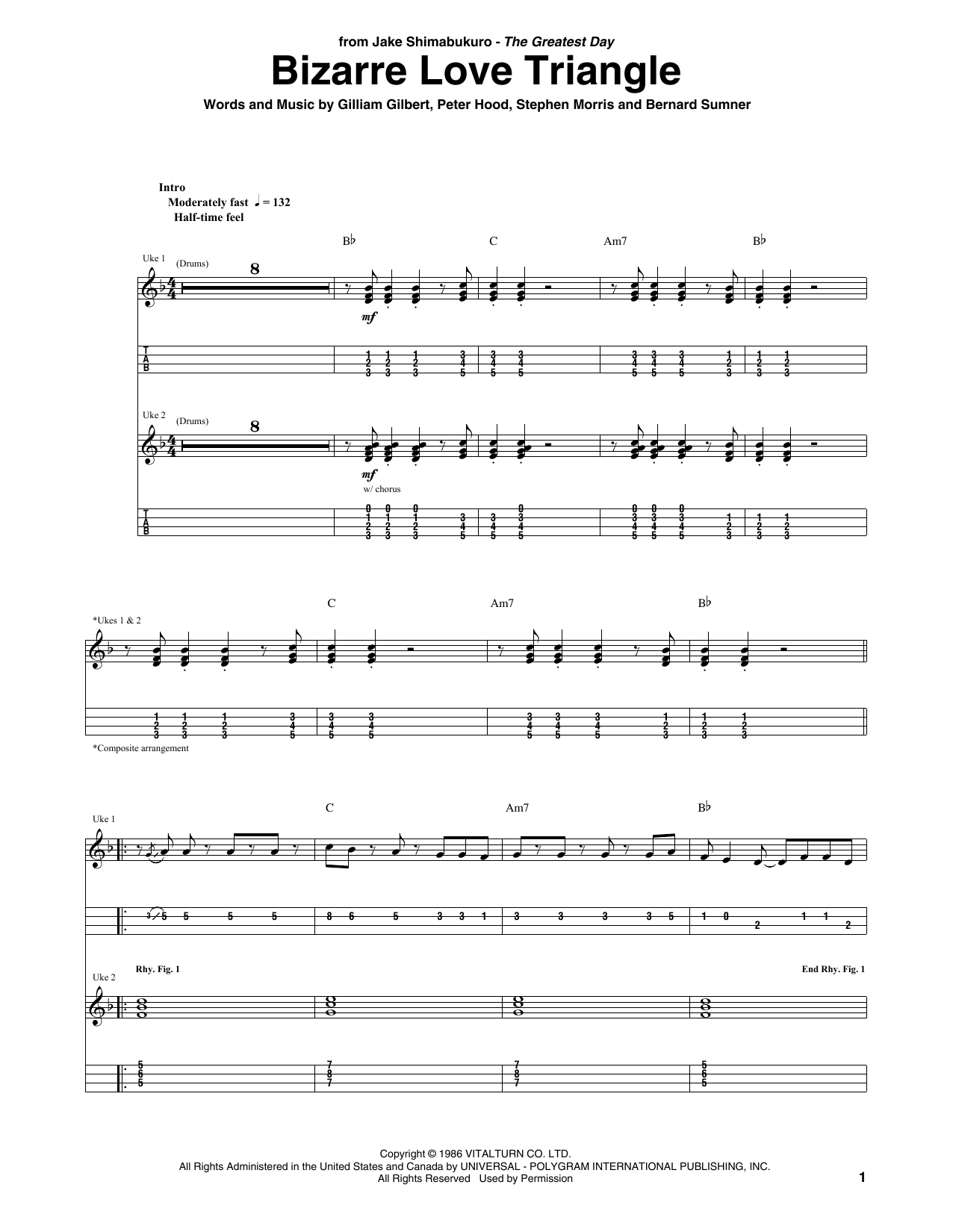New Order Bizarre Love Triangle (arr. Jake Shimabukuro) Sheet Music Notes & Chords for UKETAB - Download or Print PDF