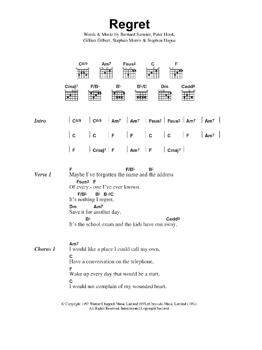 New Order Regret Sheet Music Notes & Chords for Lyrics & Chords - Download or Print PDF