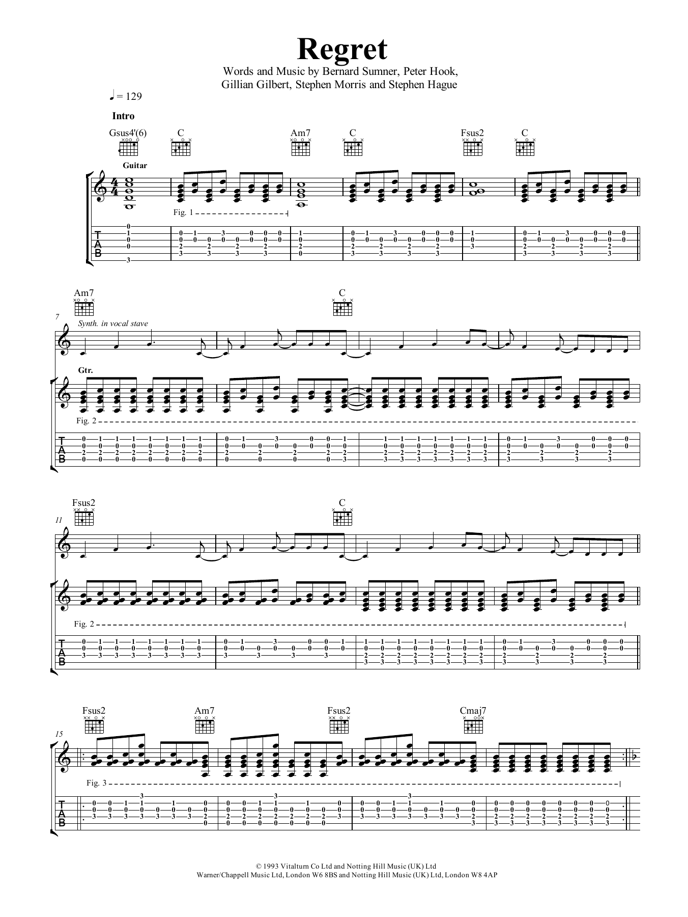 New Order Regret Sheet Music Notes & Chords for Guitar Tab - Download or Print PDF