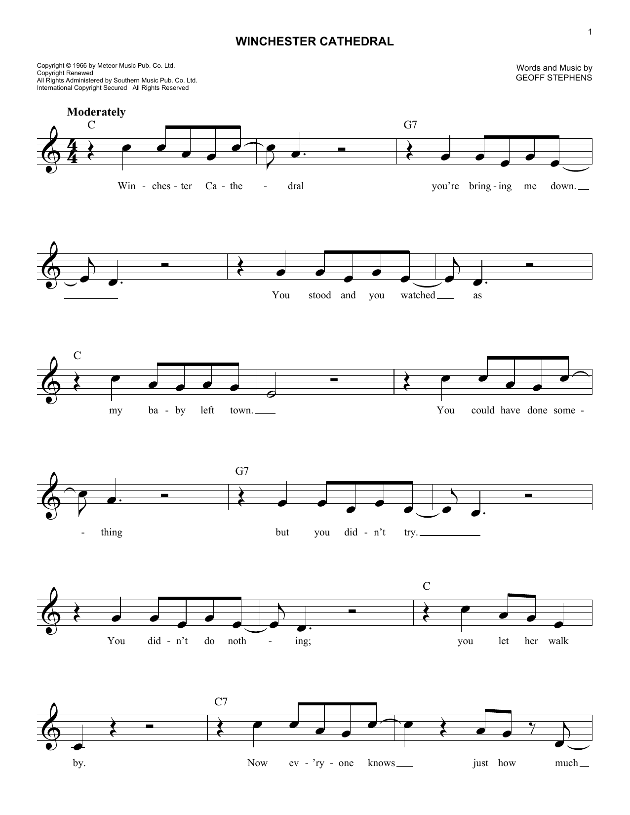 New Vaudeville Band Winchester Cathedral Sheet Music Notes & Chords for Melody Line, Lyrics & Chords - Download or Print PDF