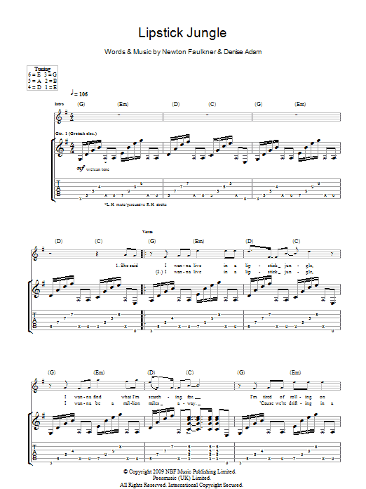 Newton Faulkner Lipstick Jungle Sheet Music Notes & Chords for Guitar Tab - Download or Print PDF