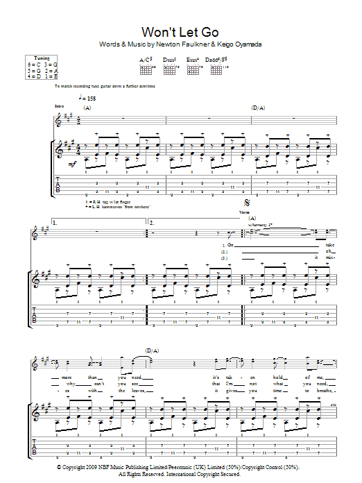 Newton Faulkner Won't Let Go Sheet Music Notes & Chords for Guitar Tab - Download or Print PDF