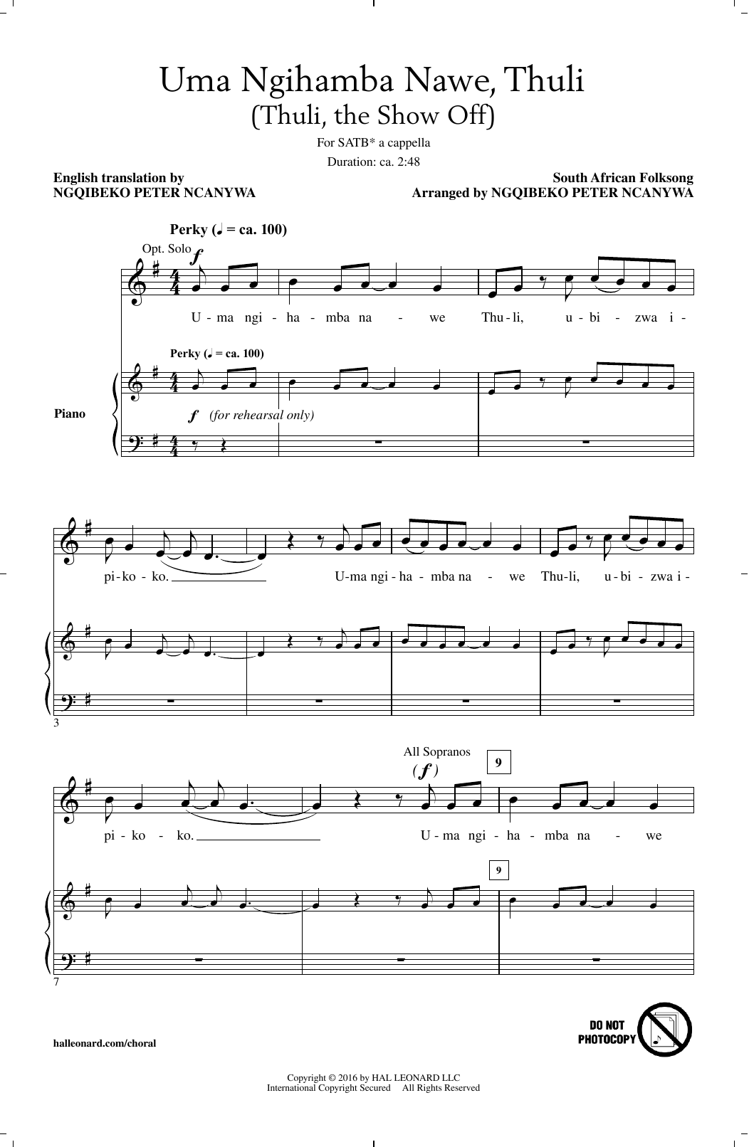 Ngqibeko Peter Ncanywa Uma Ngihamba Nawe, Thuli (Thuli, The Show Off) Sheet Music Notes & Chords for SATB - Download or Print PDF