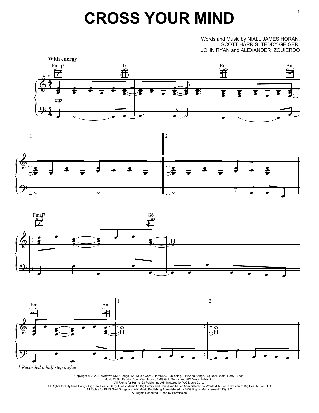 Niall Horan Cross Your Mind Sheet Music Notes & Chords for Piano, Vocal & Guitar (Right-Hand Melody) - Download or Print PDF