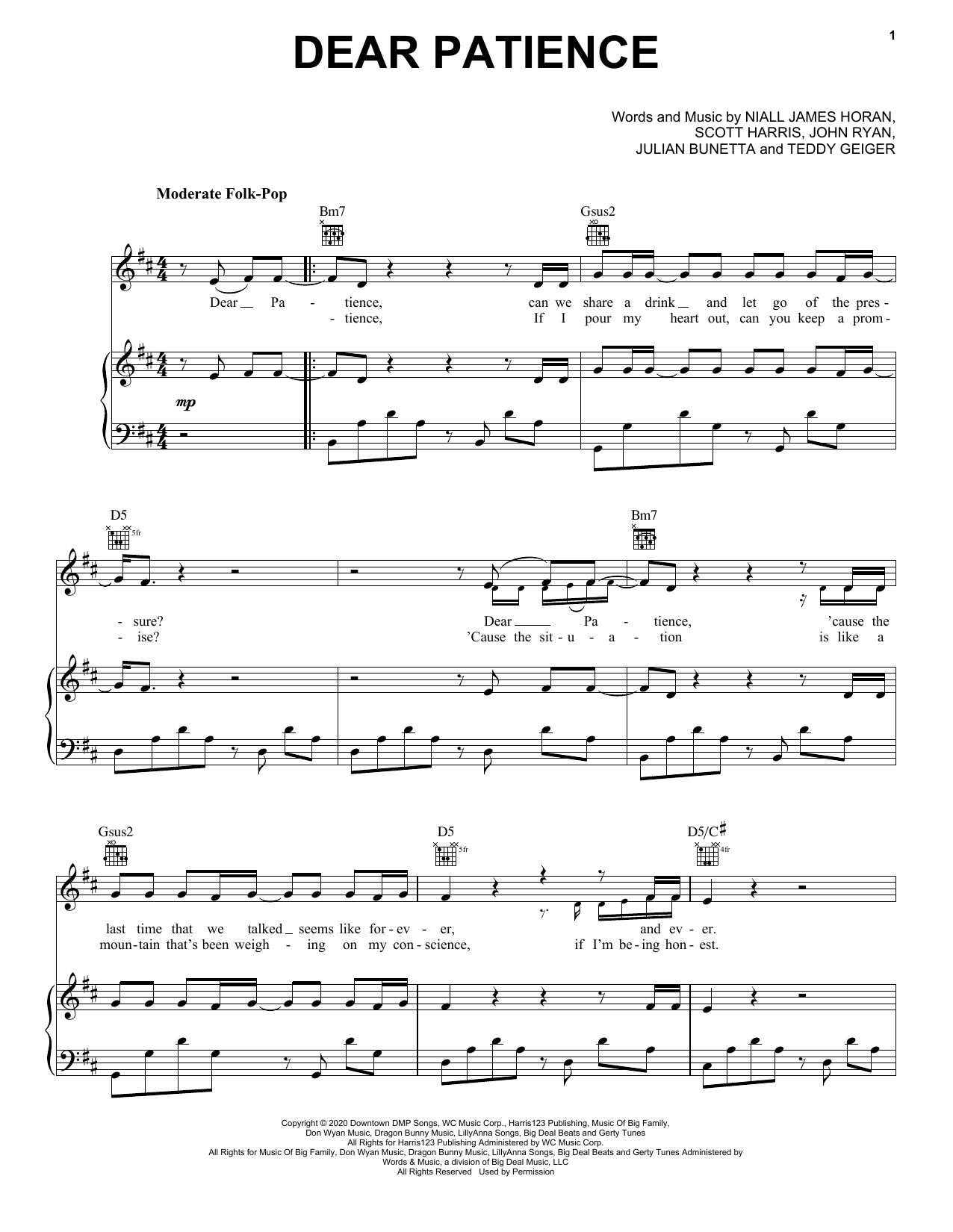 Niall Horan Dear Patience Sheet Music Notes & Chords for Piano, Vocal & Guitar (Right-Hand Melody) - Download or Print PDF