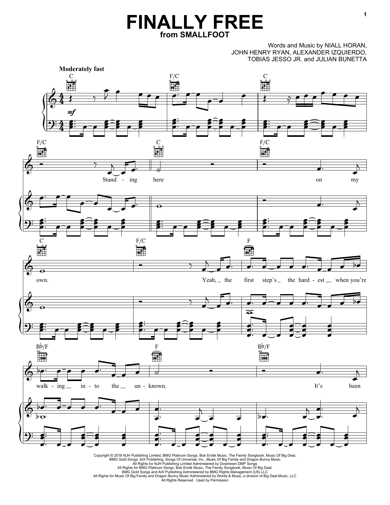 Niall Horan Finally Free (from Smallfoot) Sheet Music Notes & Chords for Piano, Vocal & Guitar (Right-Hand Melody) - Download or Print PDF
