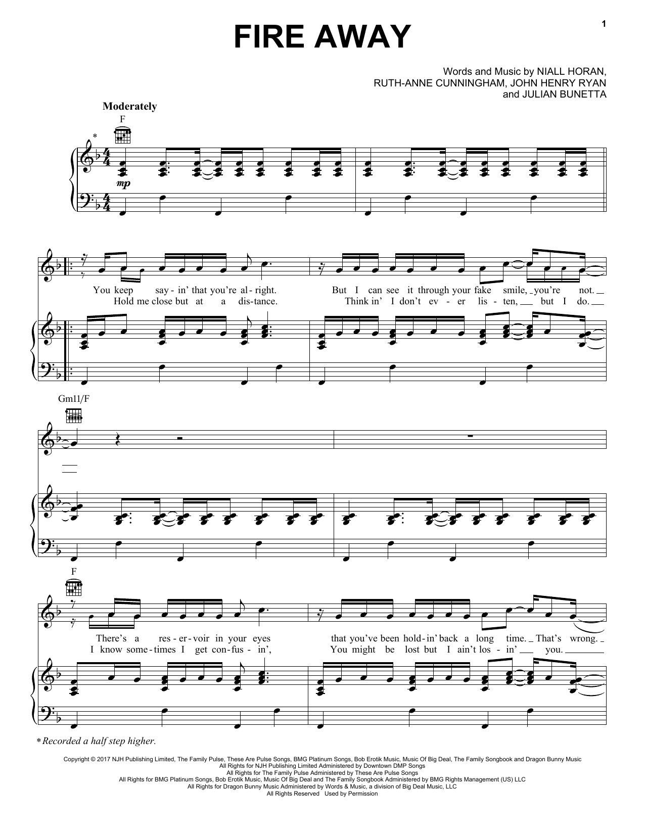 Niall Horan Fire Away Sheet Music Notes & Chords for Piano, Vocal & Guitar (Right-Hand Melody) - Download or Print PDF